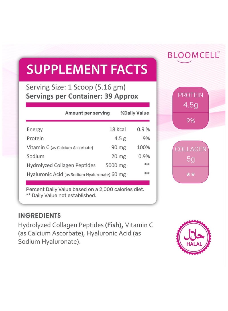 Bloomcell Marine Sourced Collagen + Hyaluronic Acid + Vitamin C Powder- 201g (Unflavored) - Image 2
