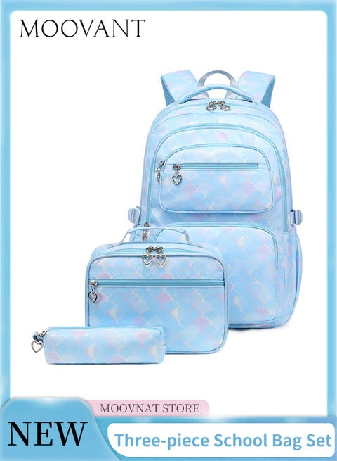 3 Pieces Travel Backpack Set, Fashion Student Schoolbag Set, Backpack + Lunch Bag + Pen Case, USB Waterproof Backpack, 15.6" Laptop Backpack, Shoulder Decompression Schoolbag, Blue