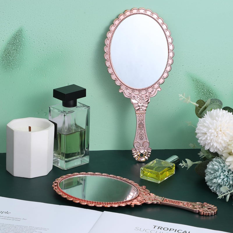 Neyauo 12 Pcs Vintage Handheld Mirror 9.6"" L X 4.5"" W Portable Pink Embossed Flower Mirrors Small Princess Mirror Party Favors Retro Hand Held Decorative Mirrors Bulk For Makeup  Travel  Party  Classroom - Image 5