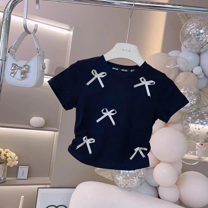 Girls' Summer Short-Sleeved T-Shirt Baby'S Western Style Children'S Fashionable Korean Style Three-Dimensional Bow Internet Popular Fashionable Top - Image 3