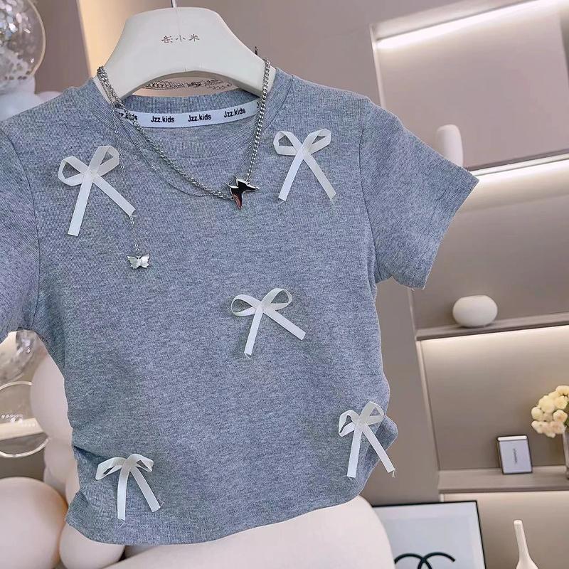 Girls' Summer Short-Sleeved T-Shirt Baby'S Western Style Children'S Fashionable Korean Style Three-Dimensional Bow Internet Popular Fashionable Top - Image 1