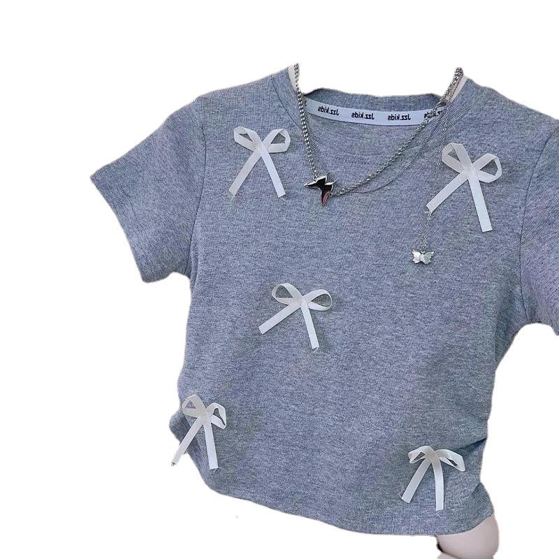 Girls' Summer Short-Sleeved T-Shirt Baby'S Western Style Children'S Fashionable Korean Style Three-Dimensional Bow Internet Popular Fashionable Top - Image 5