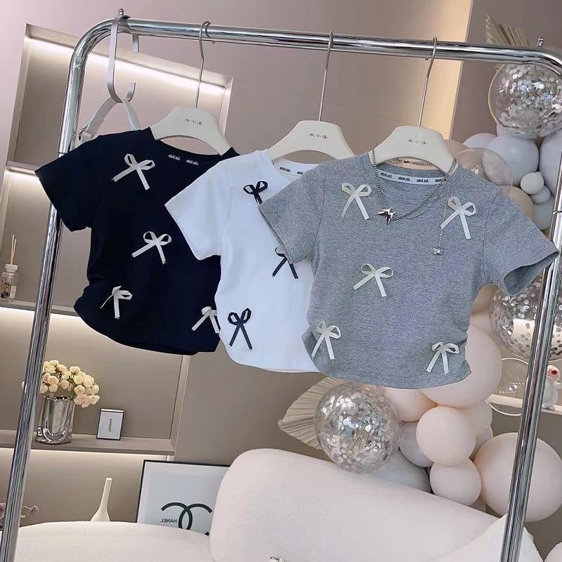 Girls' Summer Short-Sleeved T-Shirt Baby'S Western Style Children'S Fashionable Korean Style Three-Dimensional Bow Internet Popular Fashionable Top - Image 2