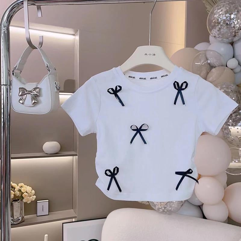 Girls' Summer Short-Sleeved T-Shirt Baby'S Western Style Children'S Fashionable Korean Style Three-Dimensional Bow Internet Popular Fashionable Top - Image 4