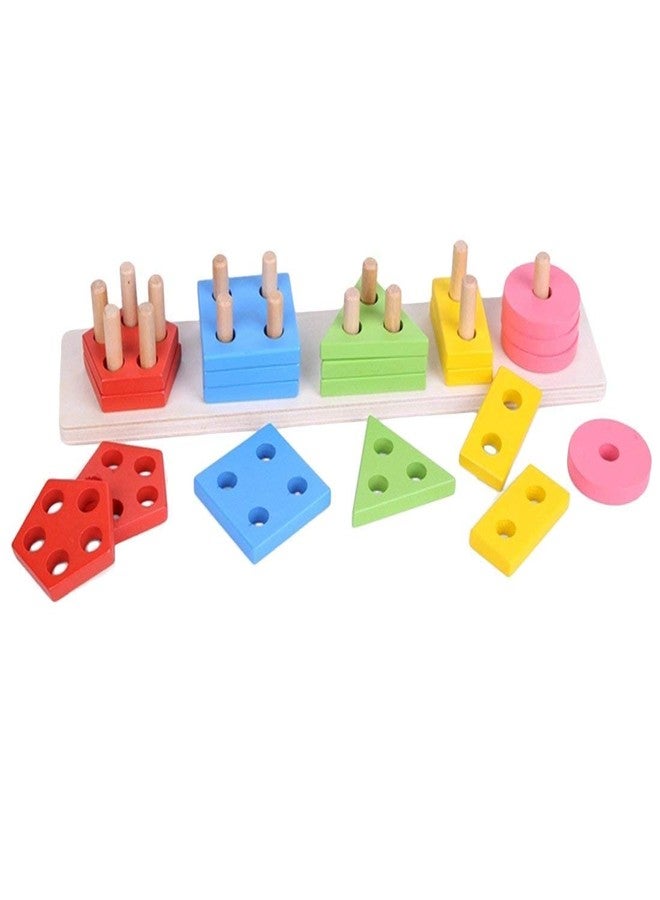 e shopping wooden geometric shape matching 5 column blocks educational & learning toys,wooden geometric shape sorter puzzle (Multi color,Pack of 21 Pcs) - Image 1