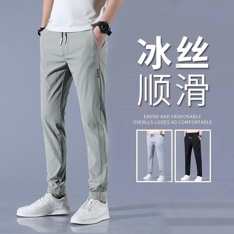 2022 Summer Mens Cool Ice-Silk Black Casual Pants Elastic Breathable Straight Light gray - Image 1