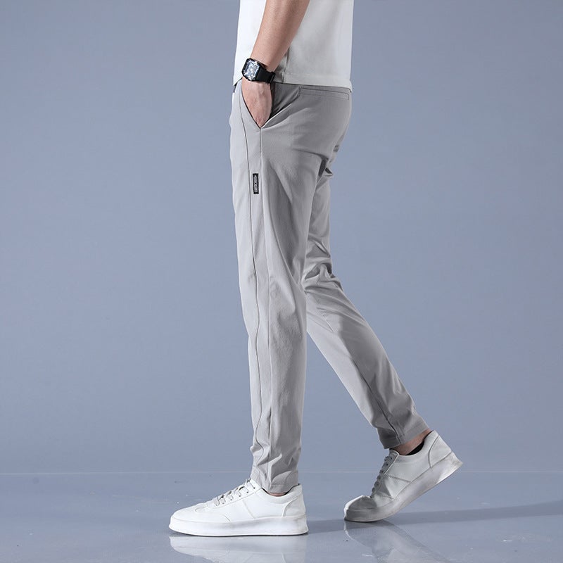 2022 Summer Mens Cool Ice-Silk Black Casual Pants Elastic Breathable Straight Light gray - Image 4