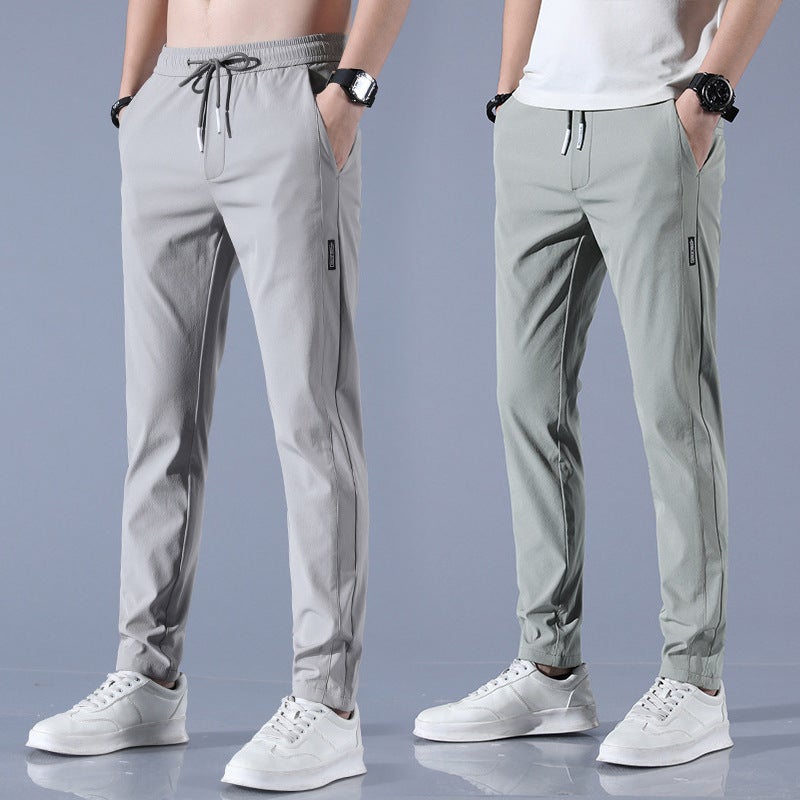 2022 Summer Mens Cool Ice-Silk Black Casual Pants Elastic Breathable Straight Light gray - Image 2