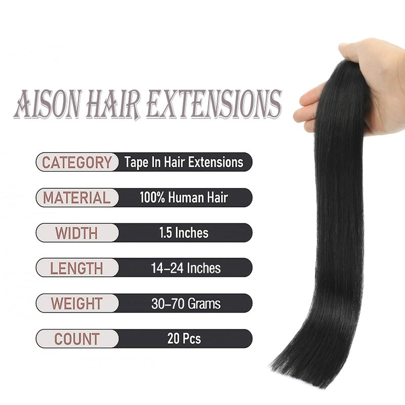 Aison Jet Black Tape in Hair Extensions Real Human Hair 100% Remy Human Hair Extensions Silky Straight for Women 20 Pcs/Package(14Inch 30g) - Image 3