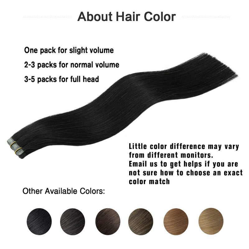 Aison Jet Black Tape in Hair Extensions Real Human Hair 100% Remy Human Hair Extensions Silky Straight for Women 20 Pcs/Package(14Inch 30g) - Image 4