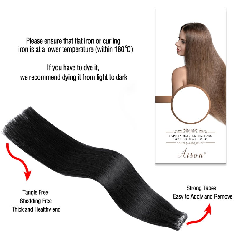 Aison Jet Black Tape in Hair Extensions Real Human Hair 100% Remy Human Hair Extensions Silky Straight for Women 20 Pcs/Package(14Inch 30g) - Image 5