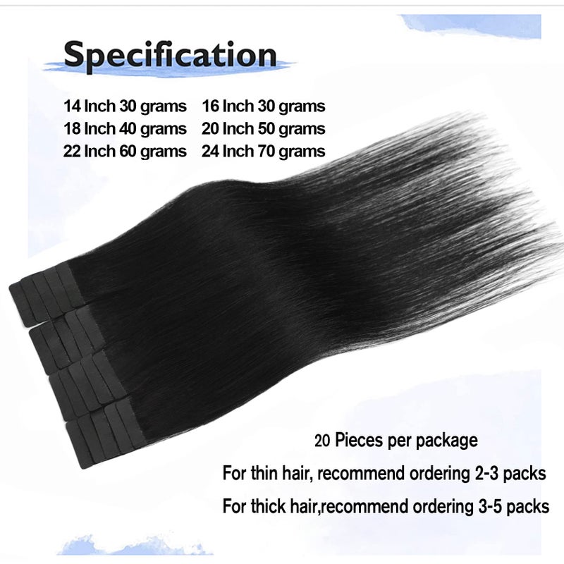 Aison Jet Black Tape in Hair Extensions Real Human Hair 100% Remy Human Hair Extensions Silky Straight for Women 20 Pcs/Package(14Inch 30g) - Image 2