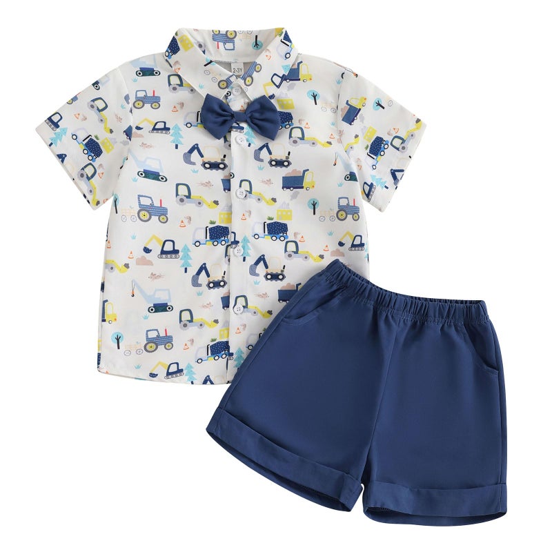 CIYCUIT Toddler Baby Boys Summer Car Print Shirt Outfits Clothes Short Sleeve Button Down Tops + Shorts Set Blue 2-3T - Image 1
