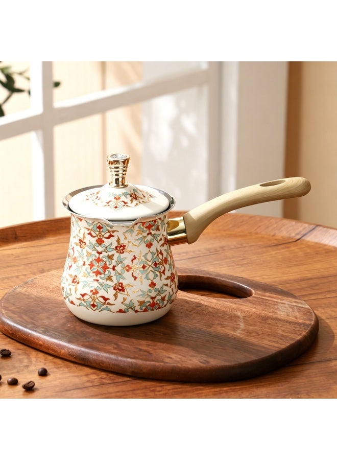 Stainless Steel Milk Pot with Long Handle and Lid, 550ml - Decorative Floral Design - Image 1