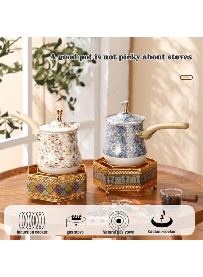 Stainless Steel Milk Pot with Long Handle and Lid, 550ml - Decorative Floral Design - Image 2