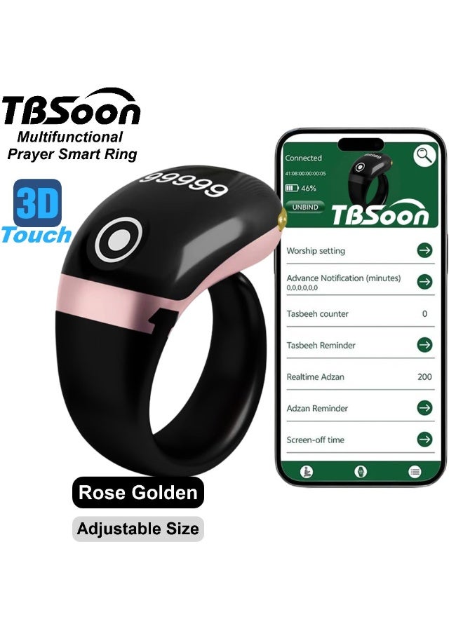 TBSoon Lightweight Tasbih Smart Ring, Tasbeeh Counter, Prayer Direction Indicator Guide, 5 Azan Alarm Clock, Large Screen, Large Battery, Forgiveness, Electronic Rosary, Eid al-Fitr Eid al-Adha Ramadan Gift,for men and women, with Smart Phone APP - Rose Golden Pro