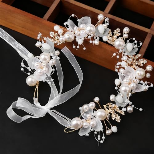 YUISI Tiara for Women, Hair Band for Women, Elegant Floral Pearl Crown Headband, Bridal Hairband, Party, Birthday, Dress Up - Image 5