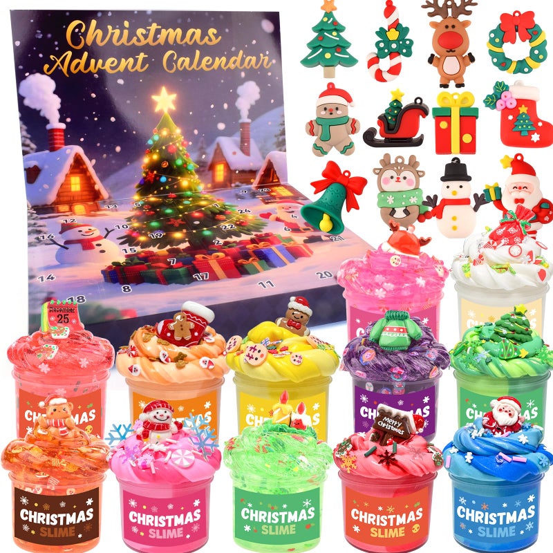 WUJYLY Christmas Slime Kit 24 Pack Slime Party Favors for Kids Xmas Stickers Charms Christmas Stocking Stuffers for Kids Super Soft NonSticky DIY Surprise Slime for Girls Boys - Image 3