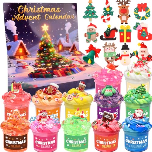 WUJYLY Christmas Slime Kit 24 Pack Slime Party Favors for Kids Xmas Stickers Charms Christmas Stocking Stuffers for Kids Super Soft NonSticky DIY Surprise Slime for Girls Boys - Image 1