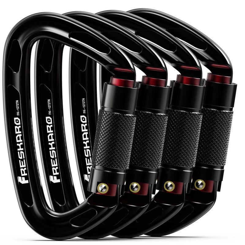 FresKaro Climbing Carabiner Clip, Heavy Duty, Auto Locking, Twist Lock Carbineers for Firefighter, Rock Climbing, Rappelling, Hunting, Gym, UIAA CE Certified 25kN Karabiners, 4 Inch, Black, 4 Pack - Image 1