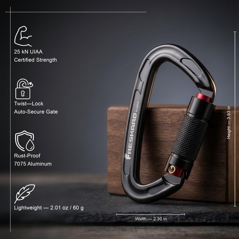 FresKaro Climbing Carabiner Clip, Heavy Duty, Auto Locking, Twist Lock Carbineers for Firefighter, Rock Climbing, Rappelling, Hunting, Gym, UIAA CE Certified 25kN Karabiners, 4 Inch, Black, 4 Pack - Image 2