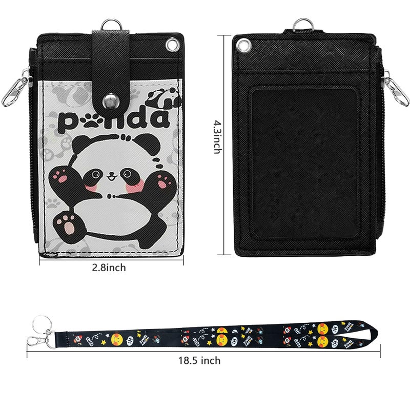 HASFINE ID Badge Holder with Lanyard,Cute Panda Work Badge with Zipper Pocket, 2-Sided Functional Card Wallet with 3 Card Slots and Detachable Keychain for Teacher Student Nurse Worker (Black) - Image 3