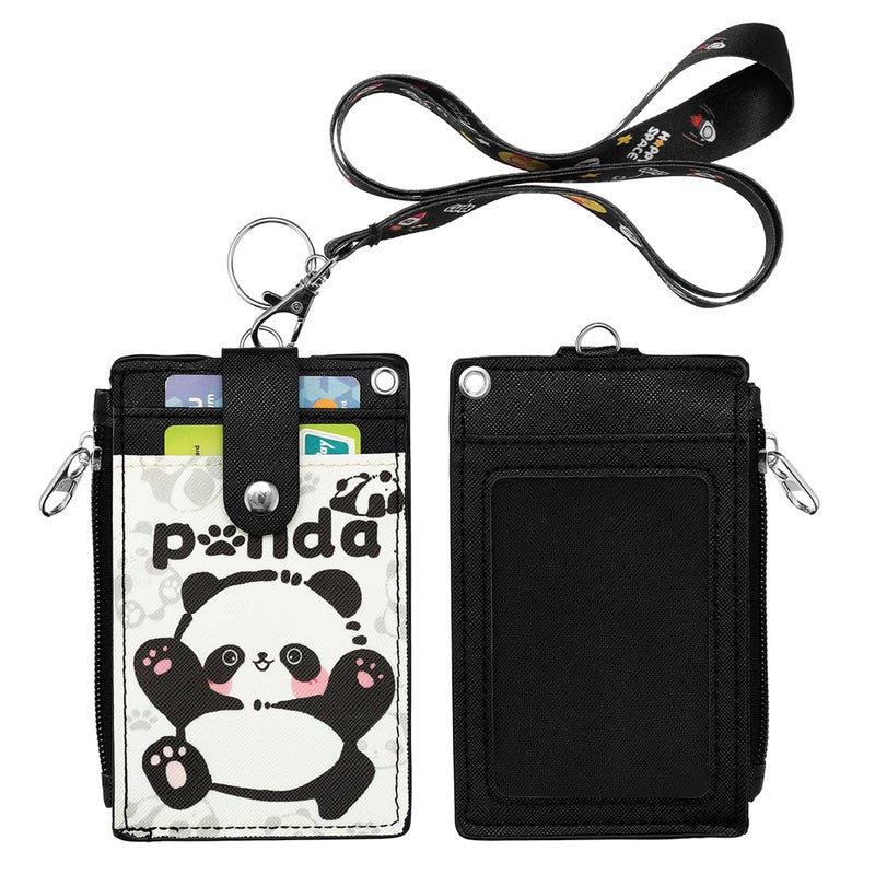 HASFINE ID Badge Holder with Lanyard,Cute Panda Work Badge with Zipper Pocket, 2-Sided Functional Card Wallet with 3 Card Slots and Detachable Keychain for Teacher Student Nurse Worker (Black) - Image 1