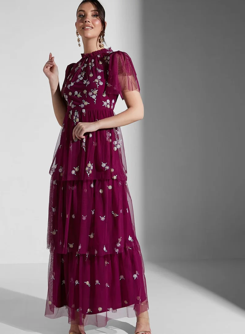 Frock and Frill Floral Mesh Embroidered Tiered Dress