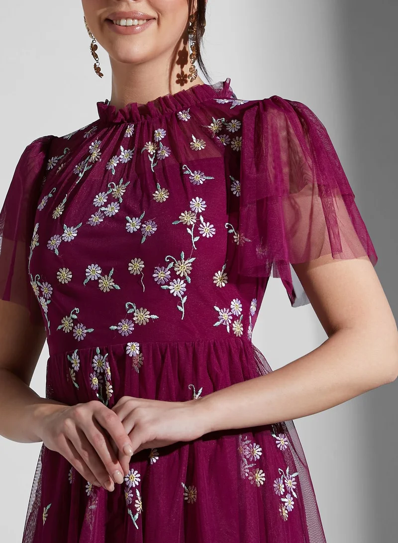Frock and Frill Floral Mesh Embroidered Tiered Dress