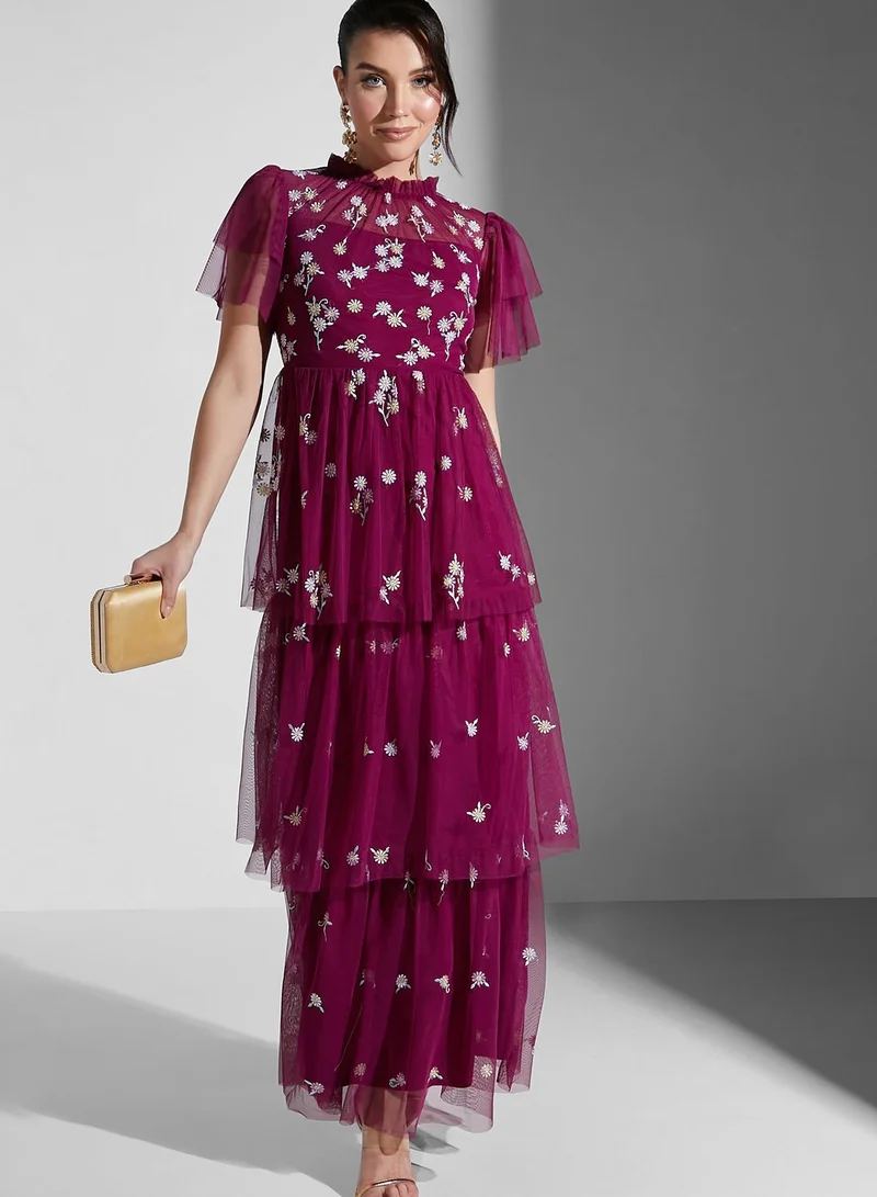 Frock and Frill Floral Mesh Embroidered Tiered Dress