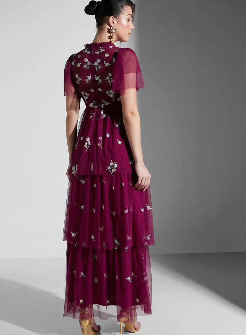 Frock and Frill Floral Mesh Embroidered Tiered Dress