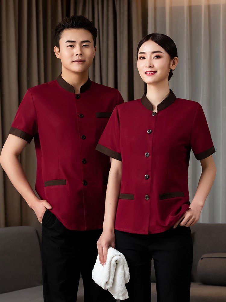 Cleaning Work Clothes Summer Property Cleaning Clothes Short Sleeve suit Hotel Cleaner Auntie Cleaner Work Clothes Female men's red  - Image 1