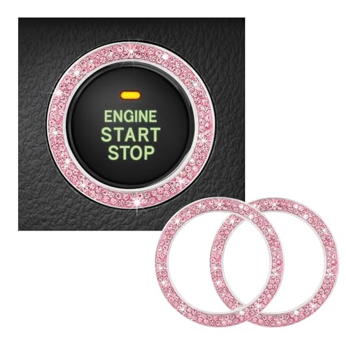 Kewucn 2 PCS Bling Crystal Double Rhinestone Car Engine Start Decoration Ring Sparkling Push Start Button Sticker Key Ignition Knob Ring Decoration Bling Car Interior AccessoryPink - Image 1