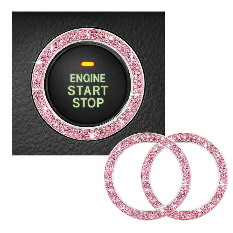 Kewucn 2 PCS Bling Crystal Double Rhinestone Car Engine Start Decoration Ring Sparkling Push Start Button Sticker Key Ignition Knob Ring Decoration Bling Car Interior AccessoryPink - Image 3