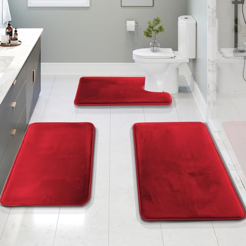 Clara Clark 3 Piece Bathroom Rugs Bath Mat Set, Velvet Memory Foam Bath Mats for Bathroom - Non-Slip, PVC Backing Bath Rugs, Washable - Dries Quickly, Burgundy - Image 2