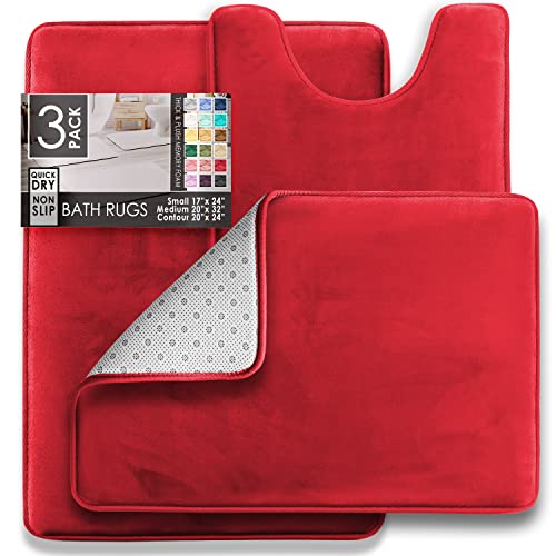 Clara Clark 3 Piece Bathroom Rugs Bath Mat Set, Velvet Memory Foam Bath Mats for Bathroom - Non-Slip, PVC Backing Bath Rugs, Washable - Dries Quickly, Burgundy - Image 3
