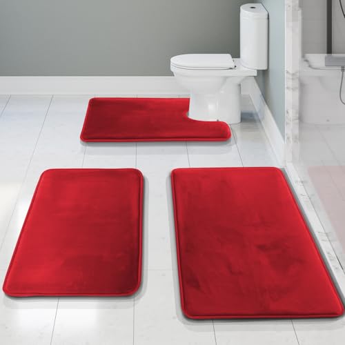 Clara Clark 3 Piece Bathroom Rugs Bath Mat Set, Velvet Memory Foam Bath Mats for Bathroom - Non-Slip, PVC Backing Bath Rugs, Washable - Dries Quickly, Burgundy - Image 1