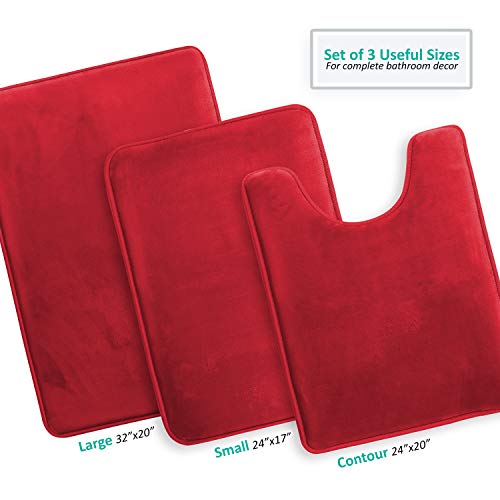 Clara Clark 3 Piece Bathroom Rugs Bath Mat Set, Velvet Memory Foam Bath Mats for Bathroom - Non-Slip, PVC Backing Bath Rugs, Washable - Dries Quickly, Burgundy - Image 4
