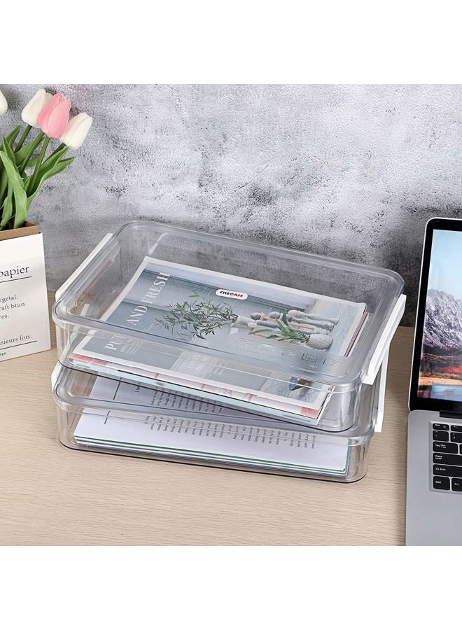 BTSKY 2 Pack Clear Plastic Stackable Storage Box File Protector Case Organizer Portable Project Case Document Holder for 8.5 x 13 Letter A4 File Paper, Plastic Storage Box Office Documents - Image 2