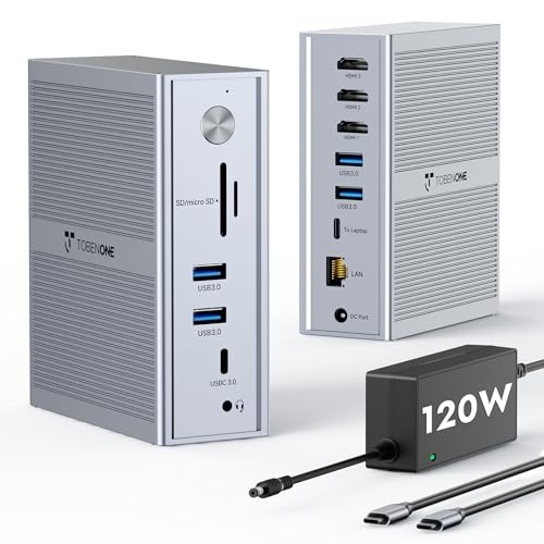 TobenONE USB C Laptop Docking Station 3 Monitors Triple 4K DisplayLink Dock with 120W Power Adapter for MacBook M1M5Mac miniWindows 3X HDMI 5X USB Gigabit Ethernet Driver Required - Image 1