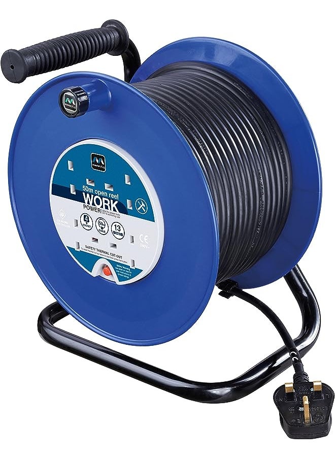 MASTERPLUG - MSTHDCT50134 Four Socket Medium Open Cable Reel Extension Lead with Handle, 50 Metres, Blue - Image 1