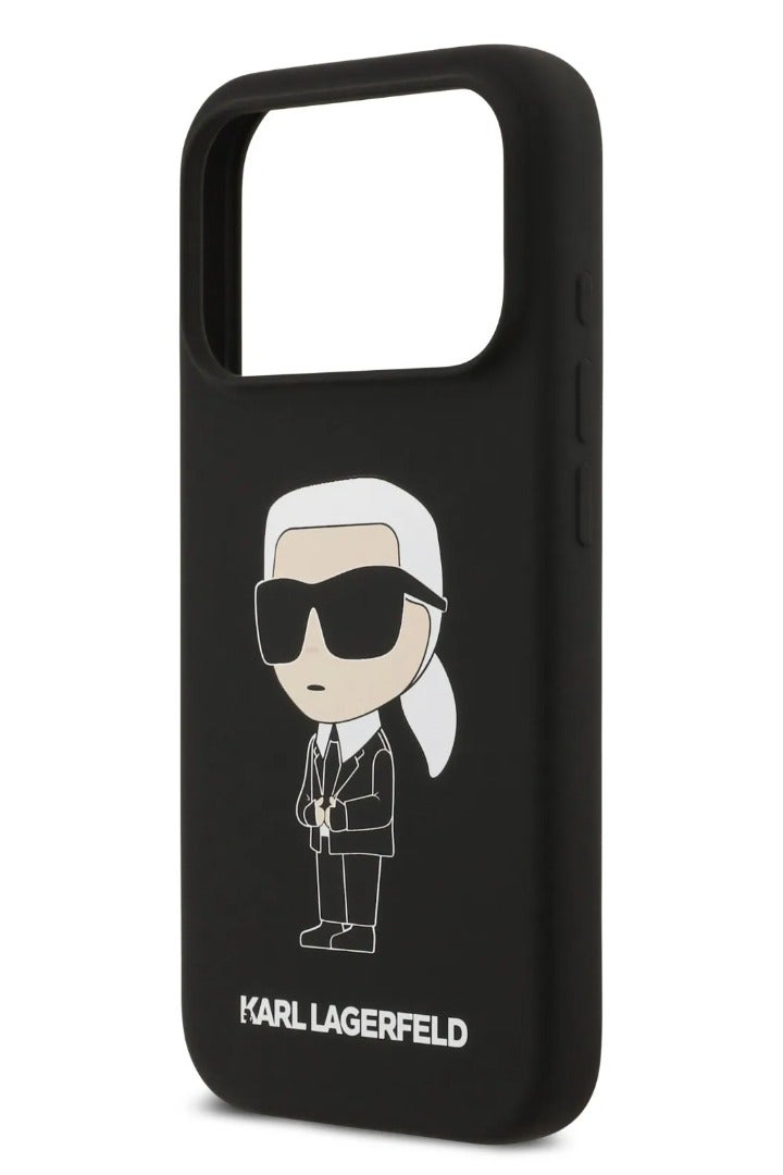 كارل لاغرفيلد جراب آيفون  برو ماكس  غطاء خلفي من السيليكون السائل بشعار أيقونيك  - أسود - Image 2