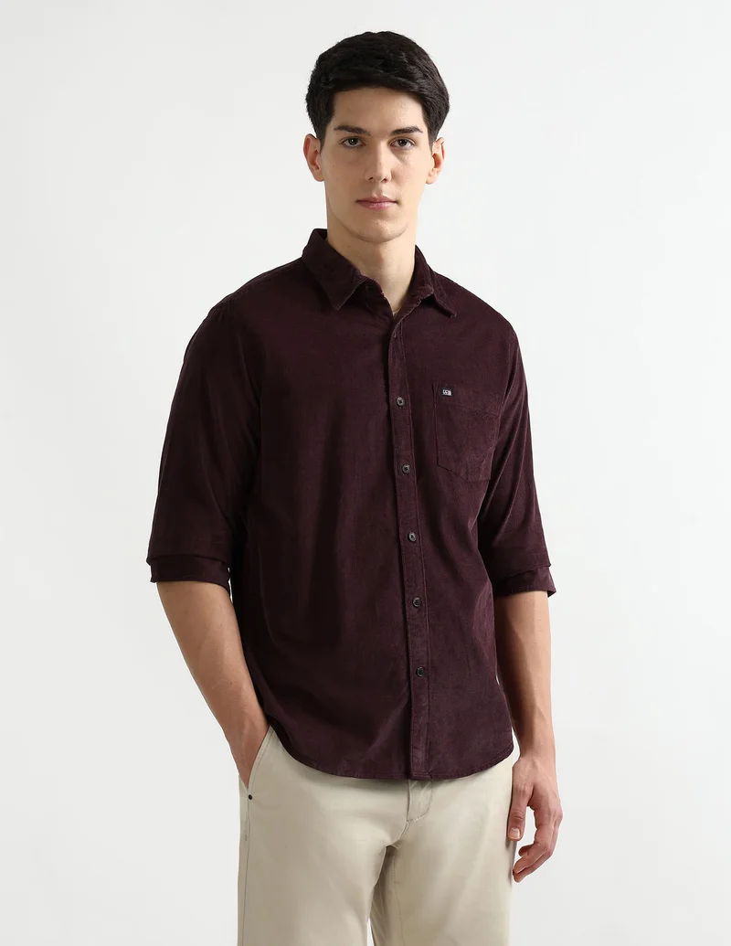 Arrow Burgundy Manhattan Slim Fit Corduroy Shirt for Men | Best Price UAE
