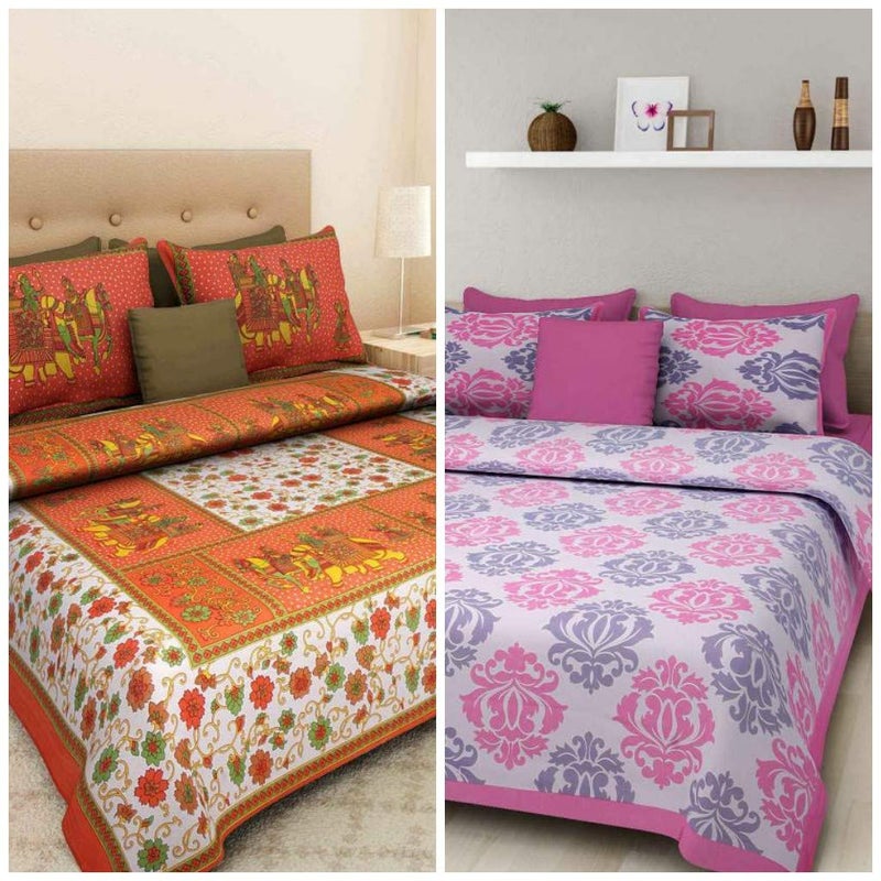 BedZone 100 Cotton Rajasthani Jaipuri King Size bedsheets Combo Double Bed Set 2 Double Bedsheet with 4 Pillow Cover Multicolor - Image 1