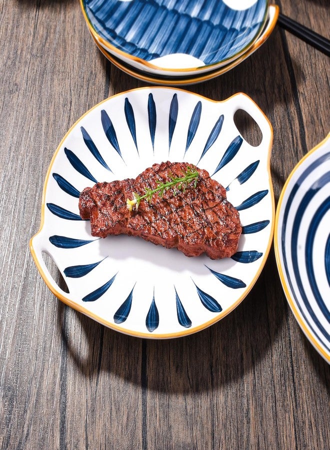 Cerficer Set of 2 Japanese Ceramic Dinner Plates, Serving Plates with Handles, Hand-Painted Leaf and Spiral Patterns, Microwave and Dishwasher Safe Decorative Tableware for Salad, Seafood, and Pasta - Image 3