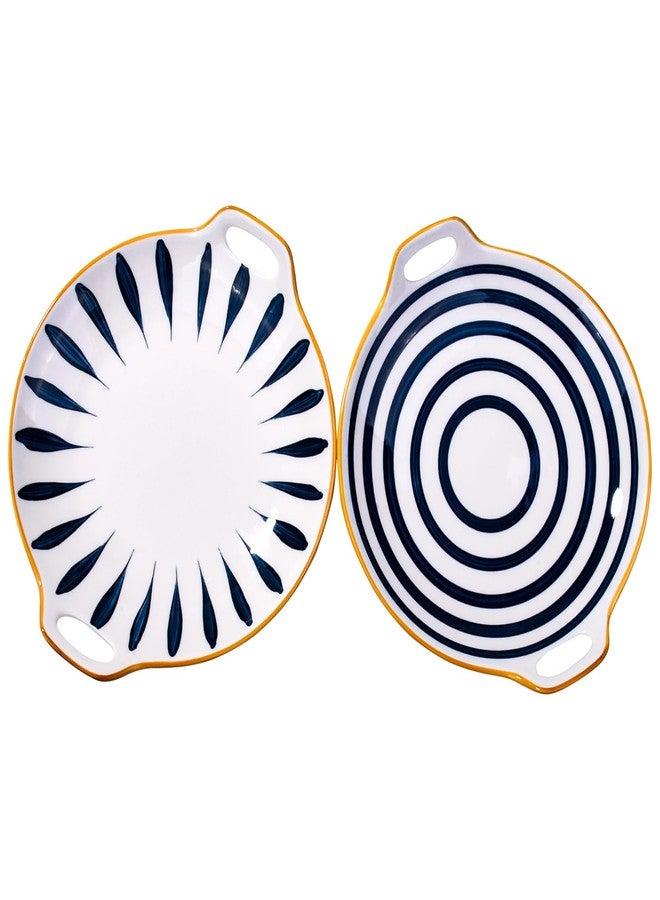 Cerficer Set of 2 Japanese Ceramic Dinner Plates, Serving Plates with Handles, Hand-Painted Leaf and Spiral Patterns, Microwave and Dishwasher Safe Decorative Tableware for Salad, Seafood, and Pasta - Image 1