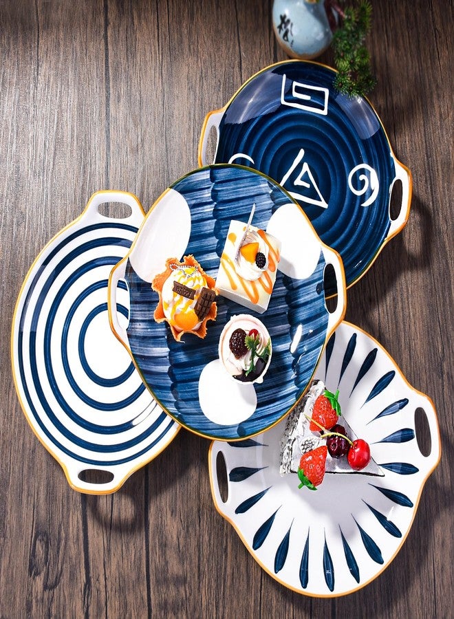 Cerficer Set of 2 Japanese Ceramic Dinner Plates, Serving Plates with Handles, Hand-Painted Leaf and Spiral Patterns, Microwave and Dishwasher Safe Decorative Tableware for Salad, Seafood, and Pasta - Image 2