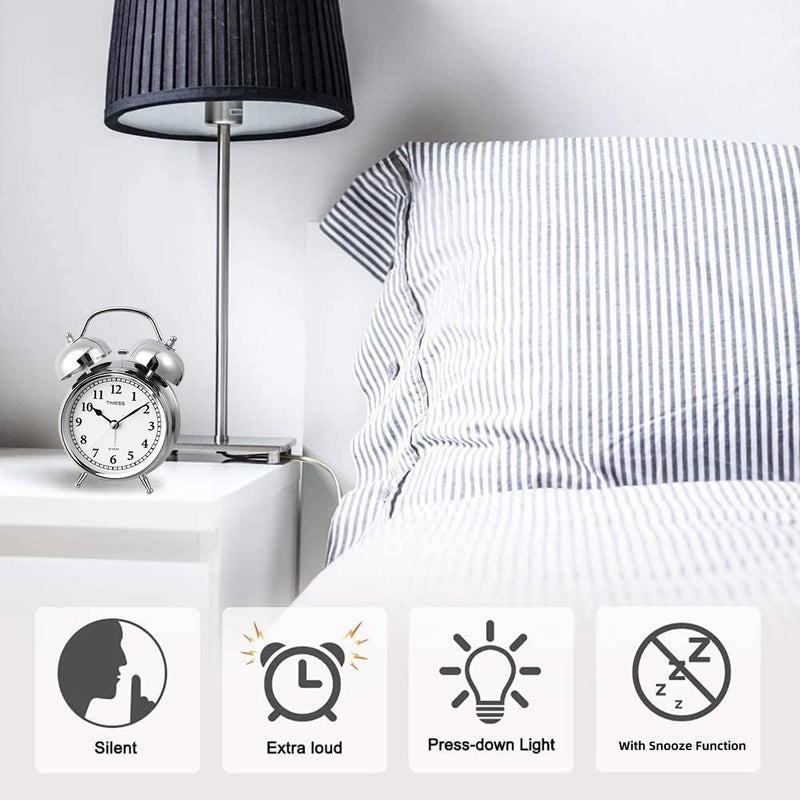 TIMESS Bronze 47 Inch Super Loud Alarm Analog Clock For BedroomsAlarm Clocks For Heavy Sleepers AdultsRetro Twin Bell Vintage Alarm ClockSilent NonTicking Alarm Clock With Snooze FunctionSilver - Image 3