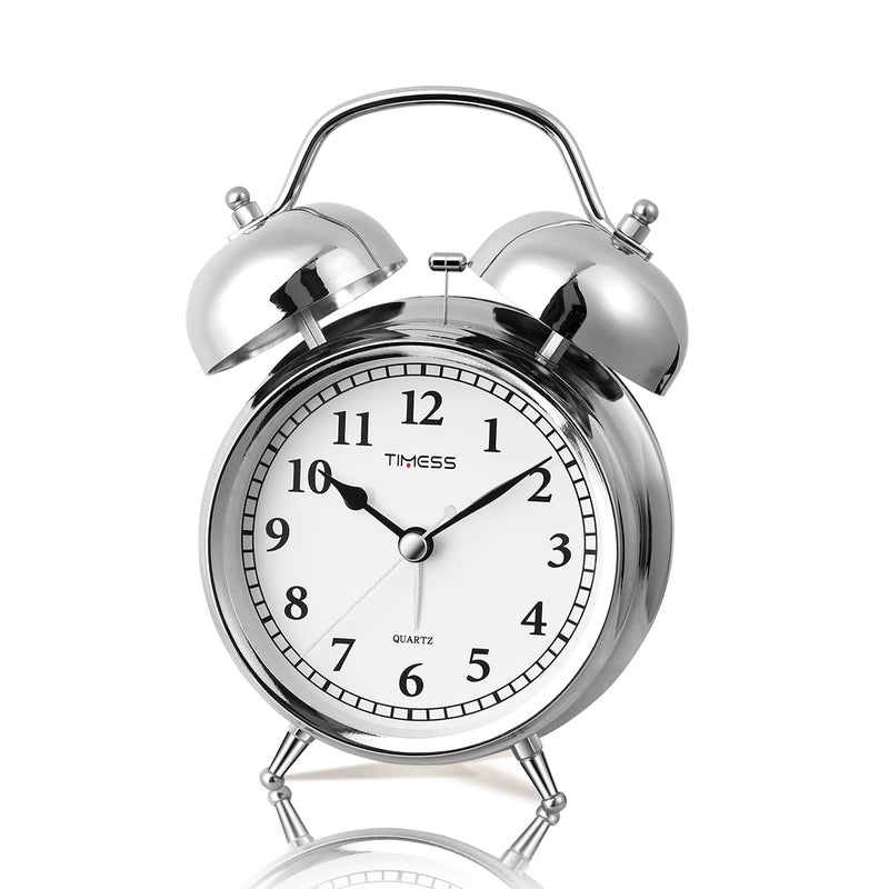 TIMESS Bronze 47 Inch Super Loud Alarm Analog Clock For BedroomsAlarm Clocks For Heavy Sleepers AdultsRetro Twin Bell Vintage Alarm ClockSilent NonTicking Alarm Clock With Snooze FunctionSilver - Image 1