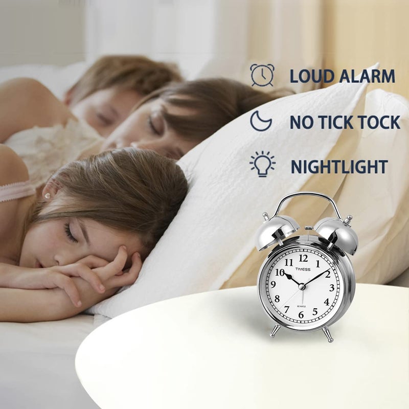 TIMESS Bronze 47 Inch Super Loud Alarm Analog Clock For BedroomsAlarm Clocks For Heavy Sleepers AdultsRetro Twin Bell Vintage Alarm ClockSilent NonTicking Alarm Clock With Snooze FunctionSilver - Image 4